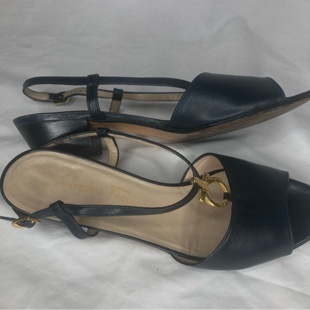 Salvatore Ferragamo Black Heels with Gold Accents - Picture 2 of 6